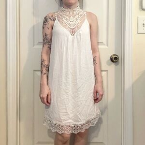 White Boho Sleeveless Lace Neck Midi Dress